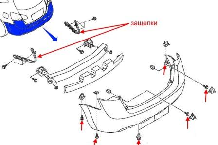 scheme of fastening of a back bumper of Nissan Qashqai (Rogue) (2006-2013)